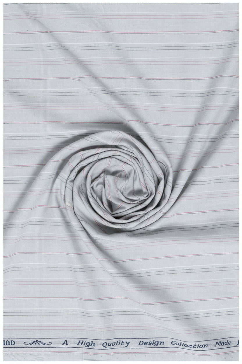 Arvind Tresca shirt fabric with pink and black stripes on grey background, premium cotton material, close-up view of the textile pattern.