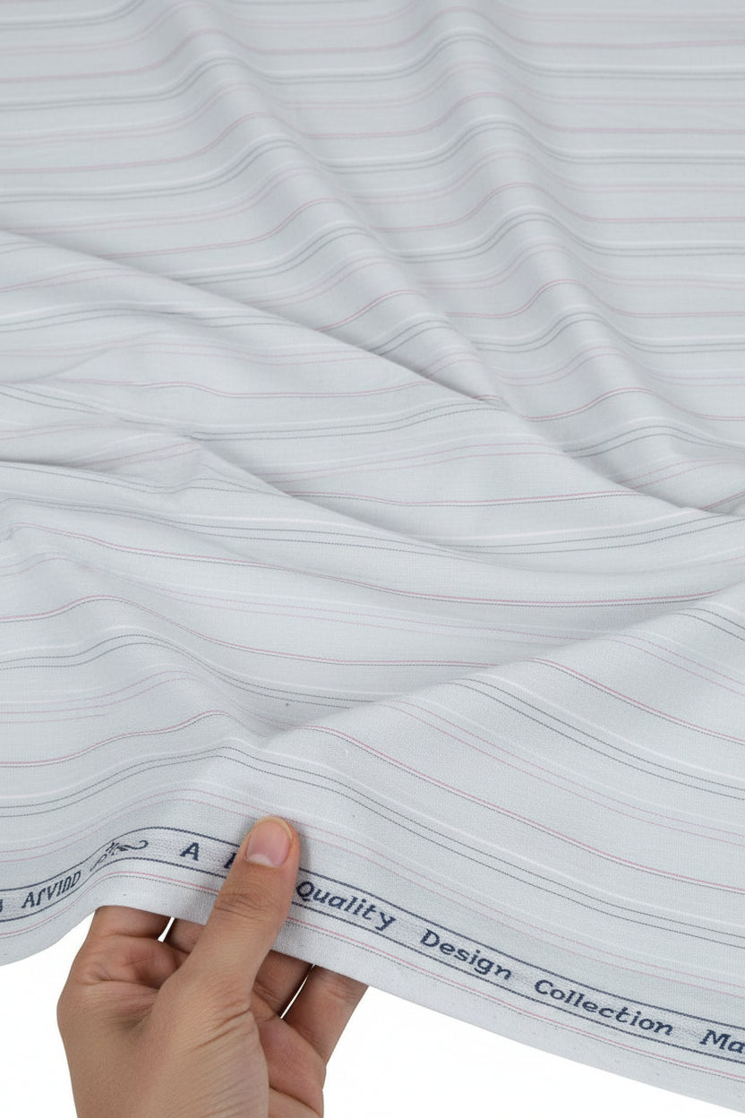 Pink and black striped Arvind Tresca cotton shirt fabric on grey background, showcasing the premium textile pattern and texture.