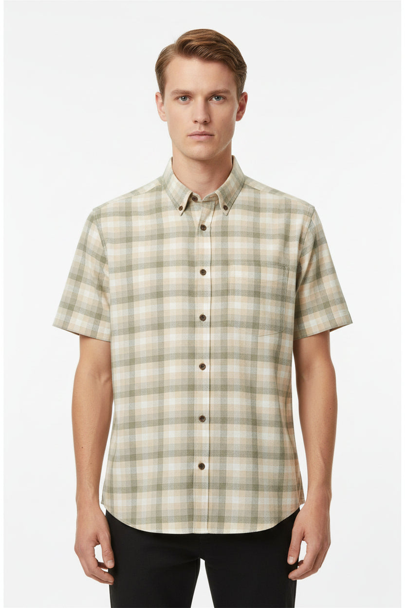 Beige Arvind Tresca shirt fabric with check pattern, premium cotton material, suitable for tailored shirts.