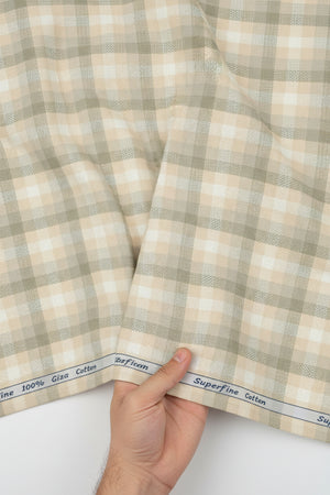 Beige Arvind Tresca shirt fabric with check pattern, premium cotton material, close-up view of the textile design.