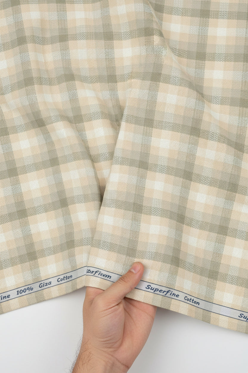 Beige Arvind Tresca shirt fabric with check pattern, premium cotton material, close-up view of the textile design.