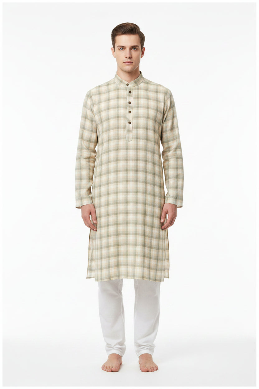Beige Arvind Tresca shirt fabric with checkered pattern, premium cotton material shown in the image.