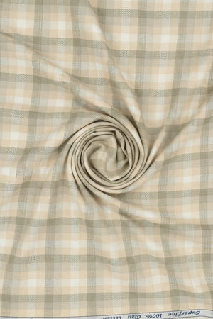 Beige Arvind Tresca shirt fabric with check pattern, premium cotton material, close-up of textile texture and design.