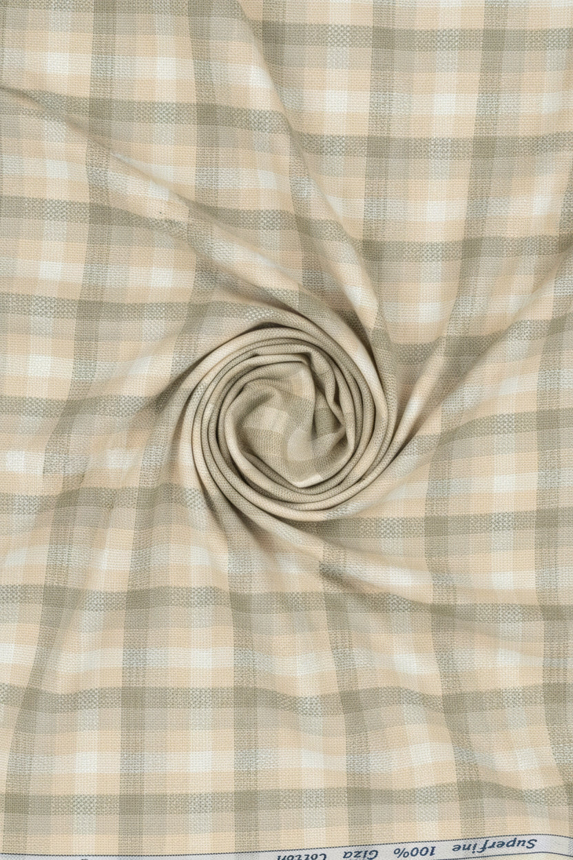Beige Arvind Tresca shirt fabric with check pattern, premium cotton material, close-up of textile texture and design.