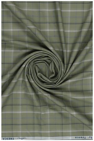 Olive green Arvind Tresca cotton shirt fabric with check pattern, premium quality textile for shirts.