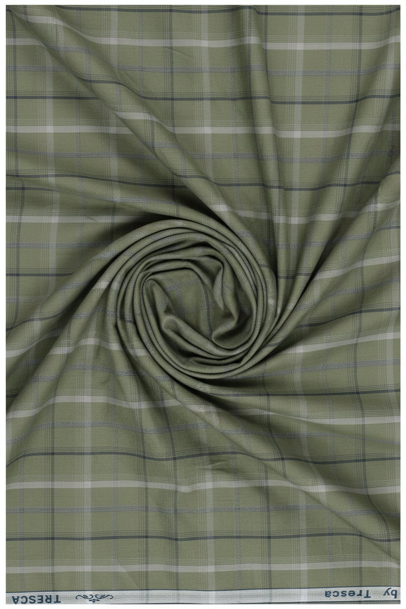 Olive green Arvind Tresca cotton shirt fabric with check pattern, premium quality textile for shirts.