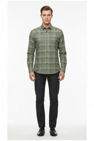 Olive green Arvind Tresca shirt fabric with check pattern, premium cotton material, close-up view of woven textile design.