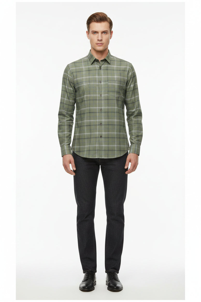 Olive green Arvind Tresca shirt fabric with check pattern, premium cotton material, close-up view of woven textile design.