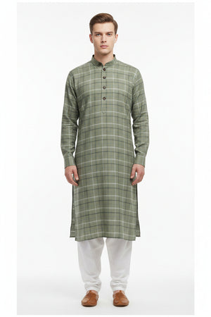 Olive green Arvind Tresca shirt fabric with check pattern, made of premium cotton, showcasing a close-up of the textile design.