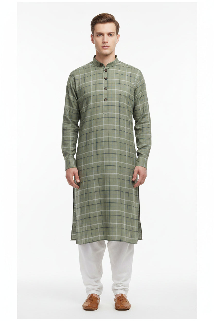 Olive green Arvind Tresca shirt fabric with check pattern, made of premium cotton, showcasing a close-up of the textile design.