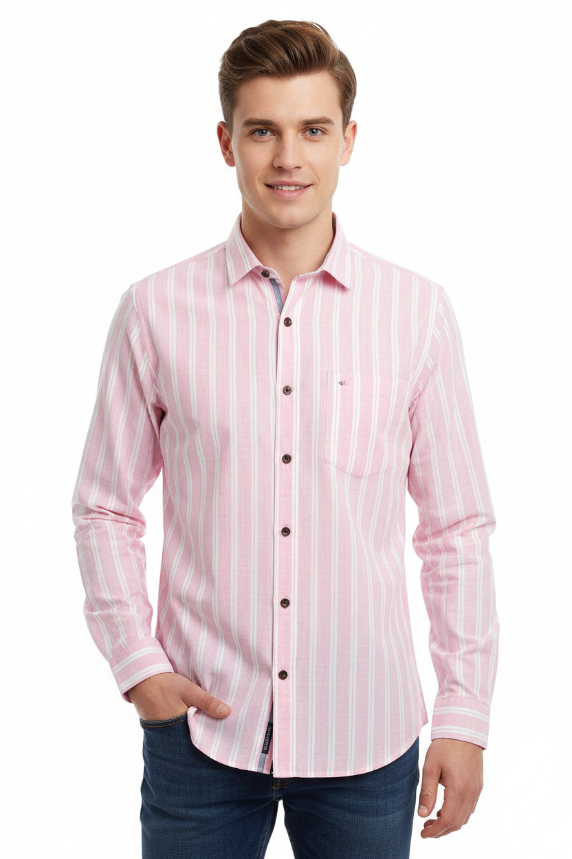 Pink and white Arvind Tresca cotton striped unstitched shirting fabric, close-up of soft, high-quality textile for sewing and tailoring.