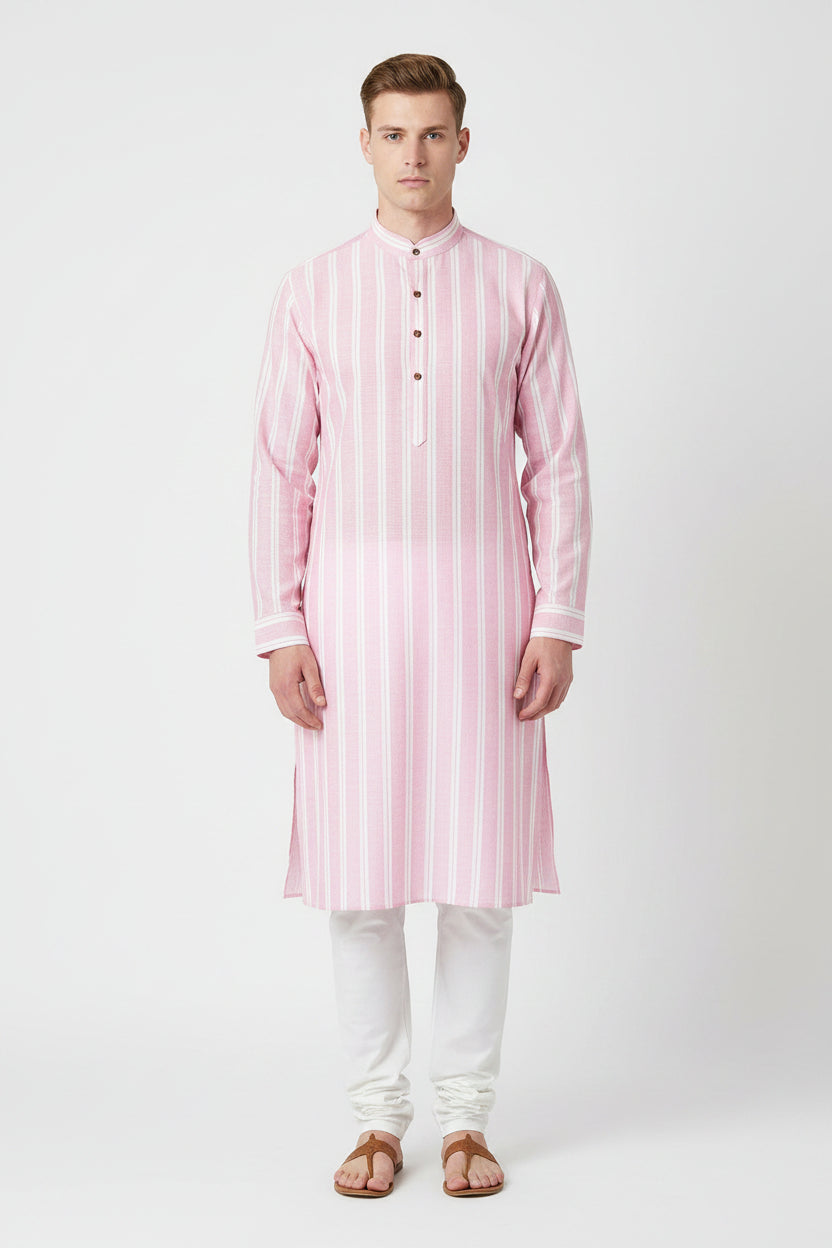Pink and white striped Arvind Tresca cotton shirting fabric, unstitched material for custom shirts or garments.