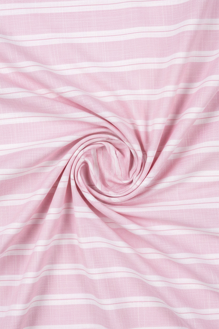 Pink and white striped Arvind Tresca cotton shirt fabric with a smooth, premium texture, showcasing a high-quality woven textile.