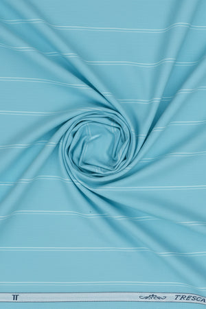 Baby blue Arvind Tresca shirt fabric with premium cotton, featuring a striped pattern and smooth texture.