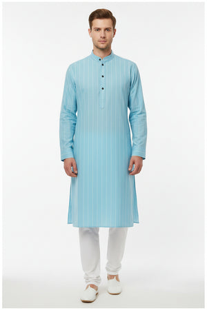 Baby blue Arvind Tresca shirt fabric with striped premium cotton texture, ideal for stylish men's shirts.