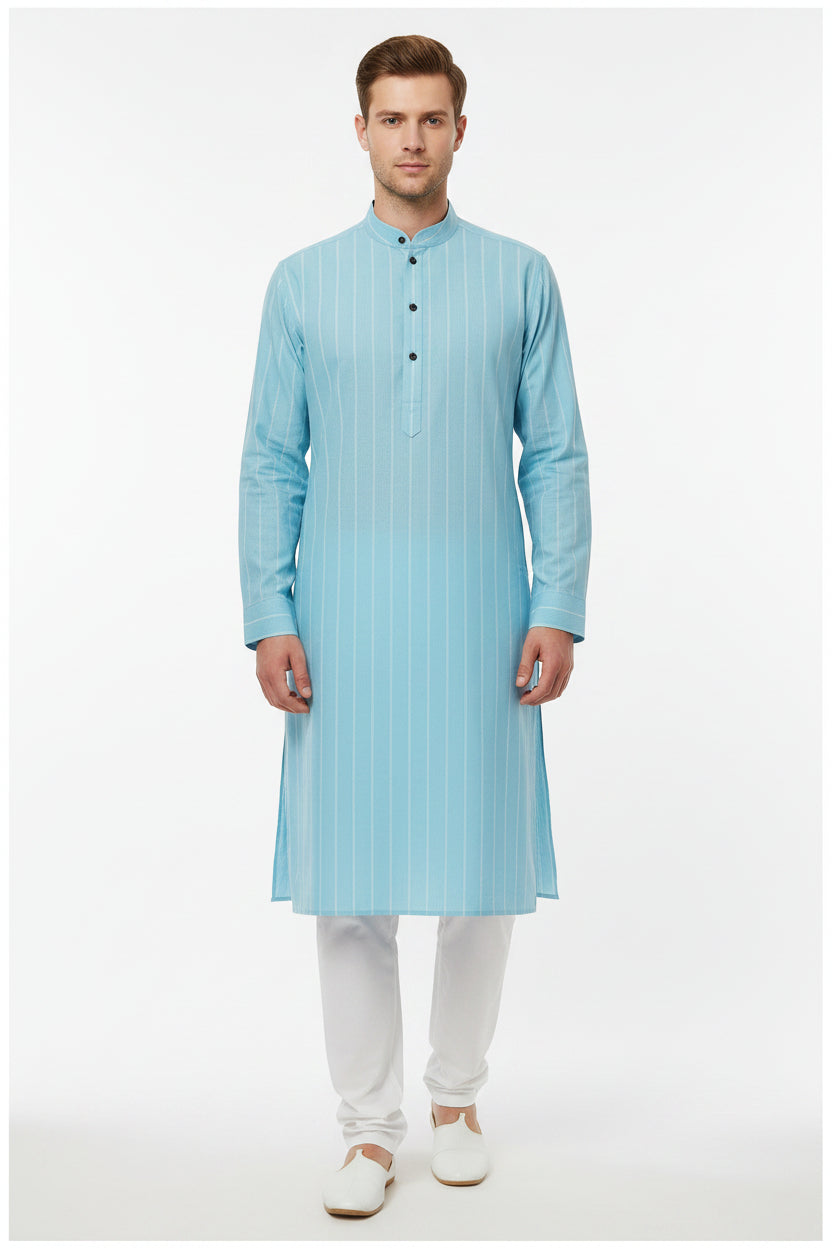 Baby blue Arvind Tresca shirt fabric with striped premium cotton texture, ideal for stylish men's shirts.