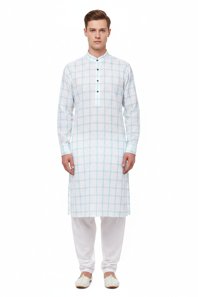 Blue check Arvind Tresca cotton unstitched shirting fabric with silver background, ideal for custom shirts and garment making.