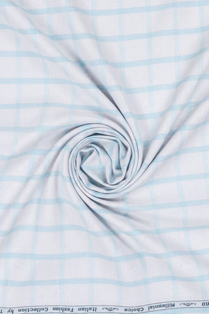 Blue check cotton fabric from Arvind Tresca Shirt collection, featuring a silver background with a premium cotton texture.
