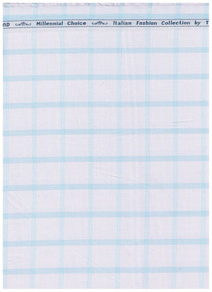 Blue check cotton shirting fabric from Arvind Tresca brand, silver background with a classic checkered pattern.