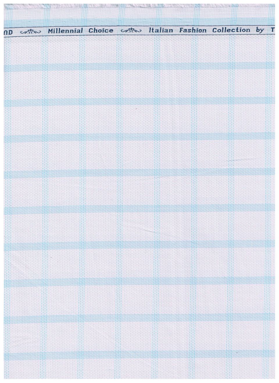 Blue check cotton shirting fabric from Arvind Tresca brand, silver background with a classic checkered pattern.