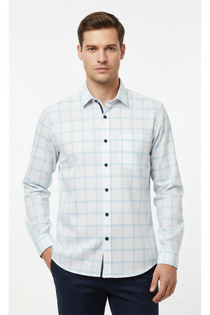 Blue check Arvind Tresca shirt fabric in premium cotton, featuring a silver background and intricate woven pattern.