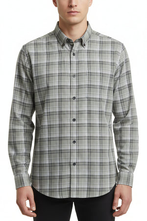 Grey Arvind Tresca shirt fabric with check pattern, made of premium cotton, suitable for stylish shirts.