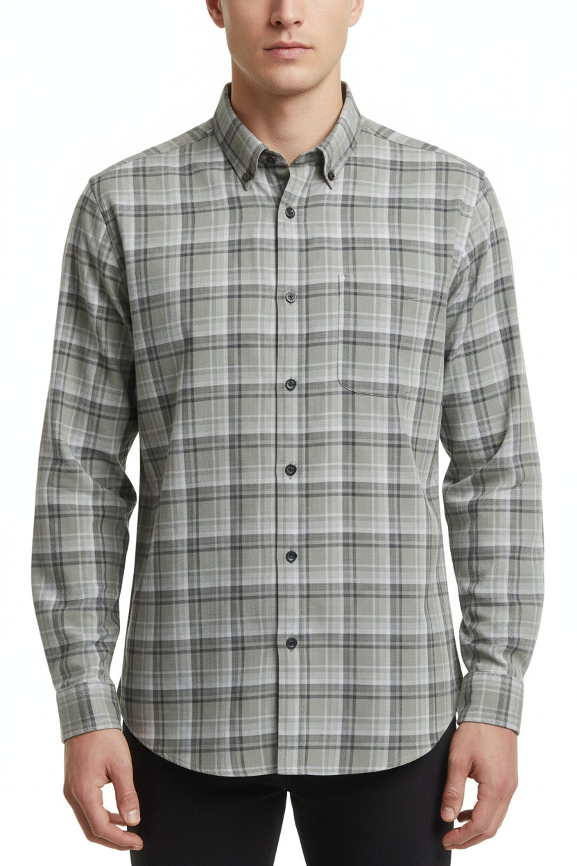 Grey Arvind Tresca shirt fabric with check pattern, made of premium cotton, suitable for stylish shirts.