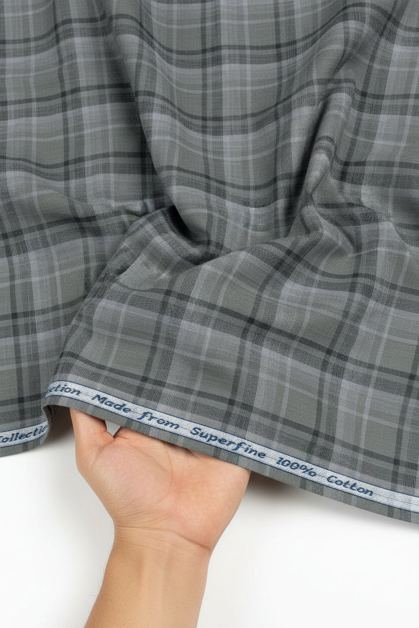 Grey Arvind Tresca shirt fabric with check pattern, made of premium cotton, suitable for stylish shirts and apparel.