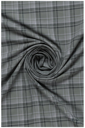 Grey Arvind Tresca shirt fabric with check pattern, premium cotton material, suitable for shirts and tailoring.