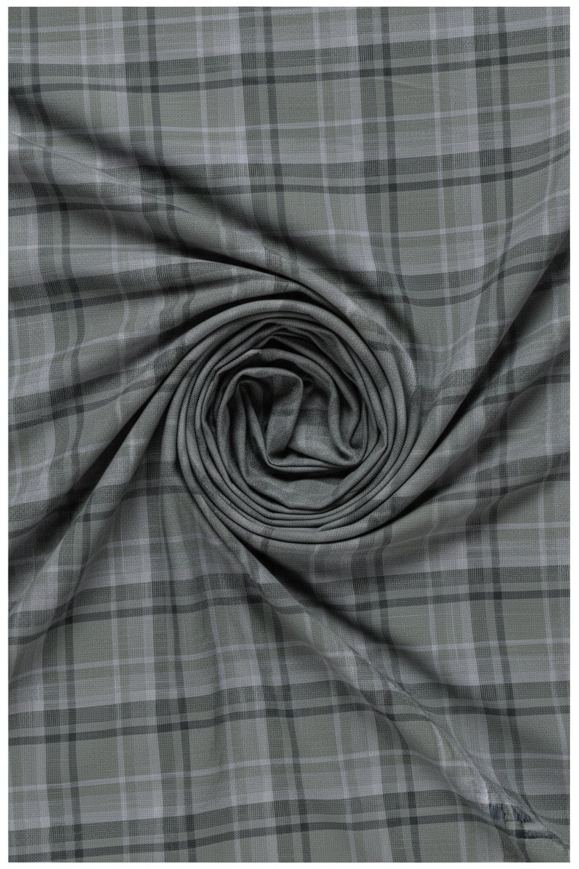 Grey Arvind Tresca shirt fabric with check pattern, premium cotton material, suitable for shirts and tailoring.