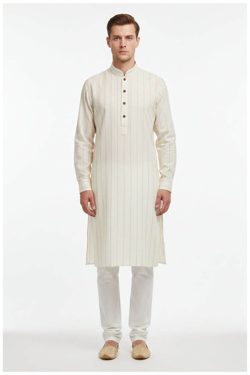 Beige Arvind Tresca cotton striped unstitched shirting fabric, soft and lightweight material for custom shirt making.