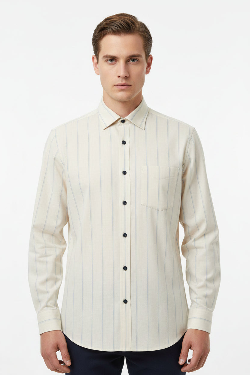 Beige Arvind Tresca cotton striped unstitched shirting fabric, soft and lightweight textile for custom shirts or clothing projects.