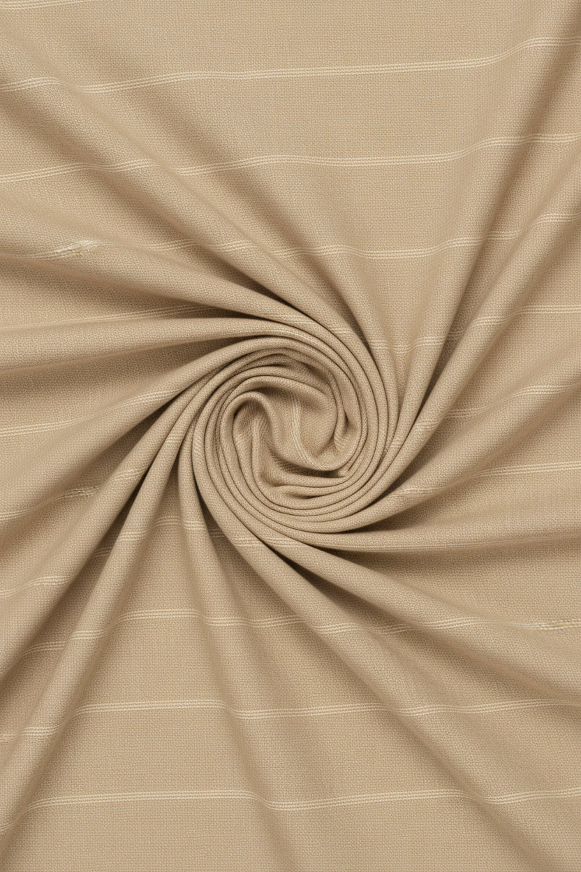 Beige tan striped Arvind Tresca cotton shirt fabric close-up showing smooth texture and premium quality material.