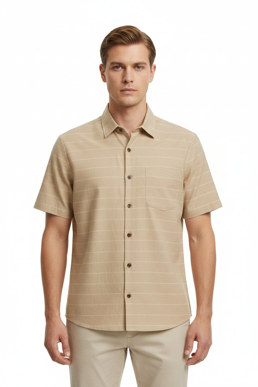 Beige tan Arvind Tresca cotton striped unstitched shirting fabric, detailed close-up of fabric pattern and texture.