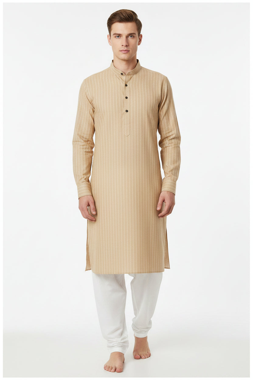 Beige tan Arvind Tresca cotton striped shirting fabric, unstitched material with a soft texture and classic pattern for dressmaking.