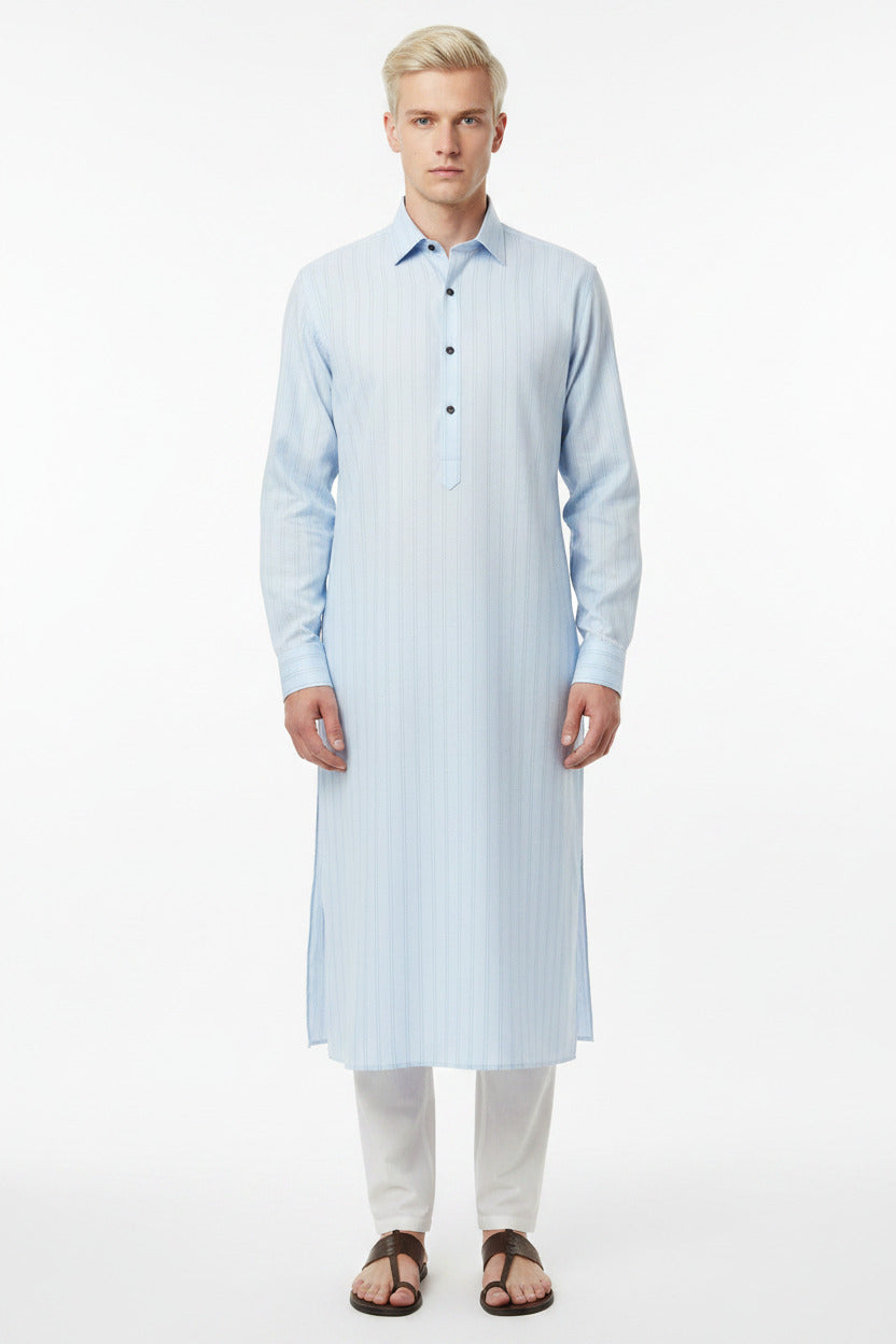 Close-up of light readymade cotton kurta sky blue 
