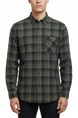 Olive green Arvind Tresca cotton shirt fabric with checkered pattern, unstitched textile for custom sewing.
