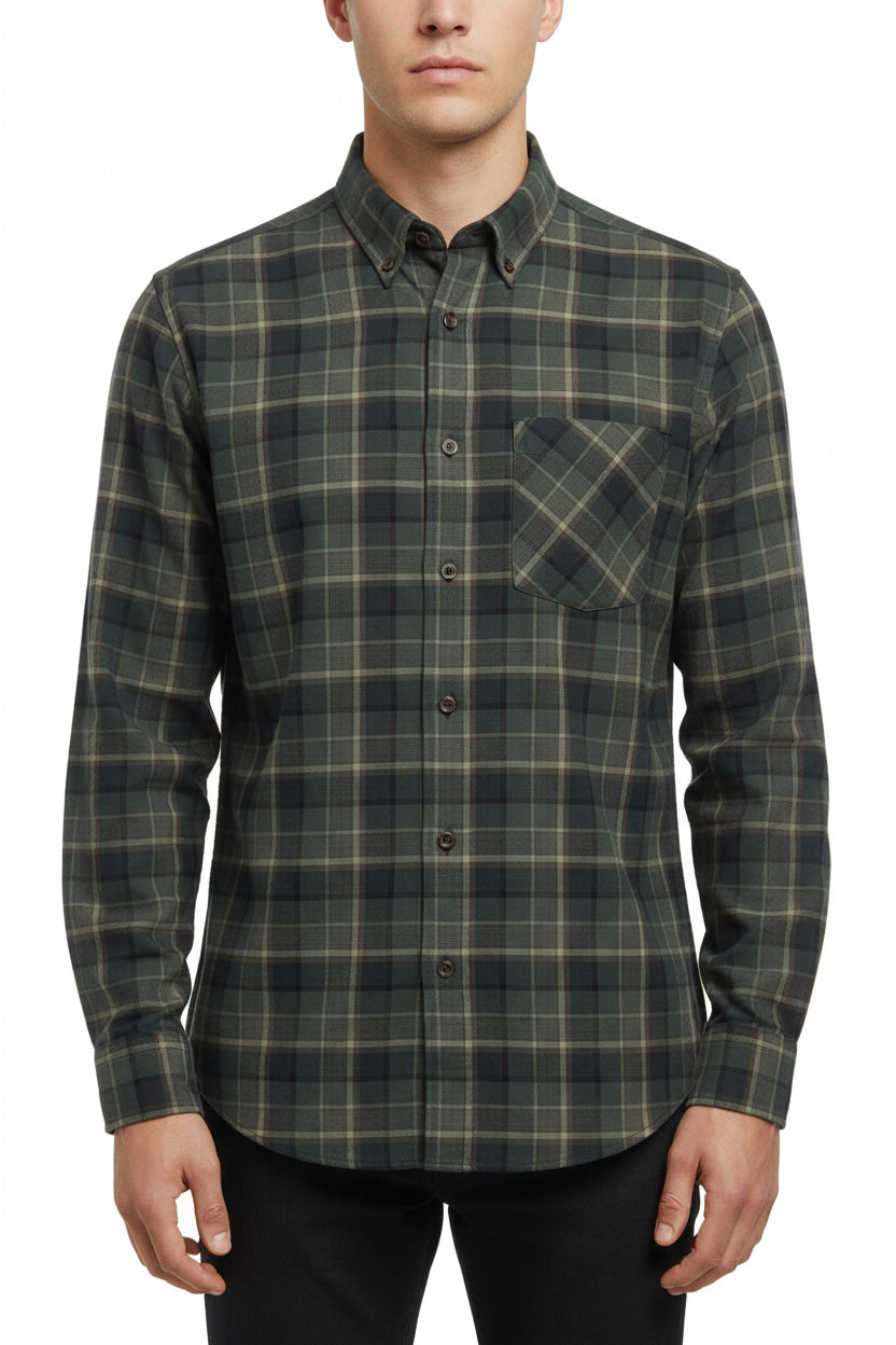 Olive green Arvind Tresca cotton shirt fabric with checkered pattern, unstitched textile for custom sewing.