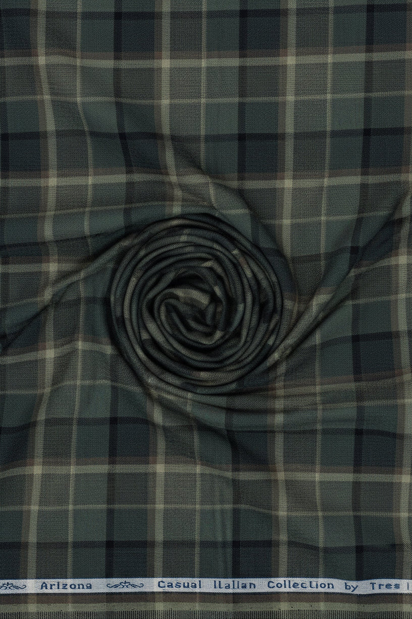 Olive green Arvind Tresca cotton shirt fabric with checkered pattern, unstitched textile for shirt making.