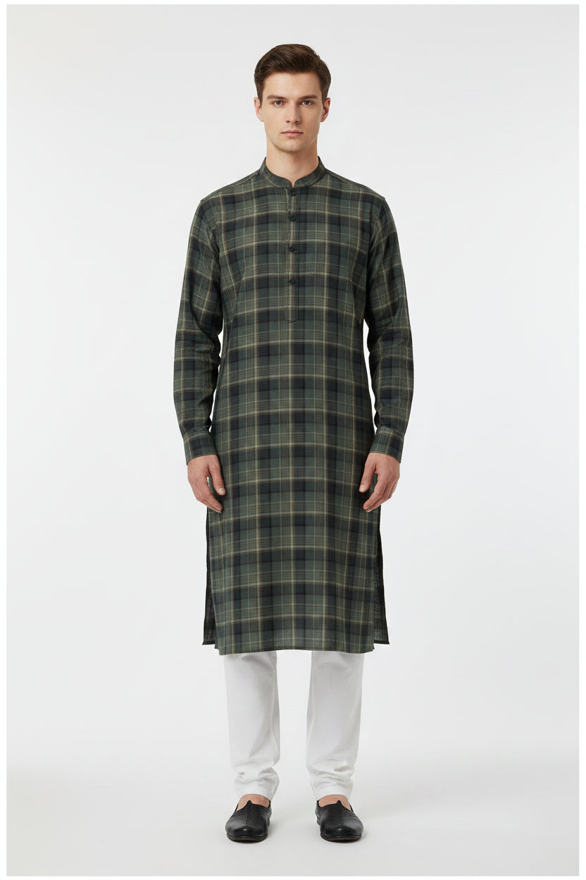 Olive green Arvind Tresca cotton shirt fabric with check pattern, unstitched textile for custom shirts, detailed close-up view.