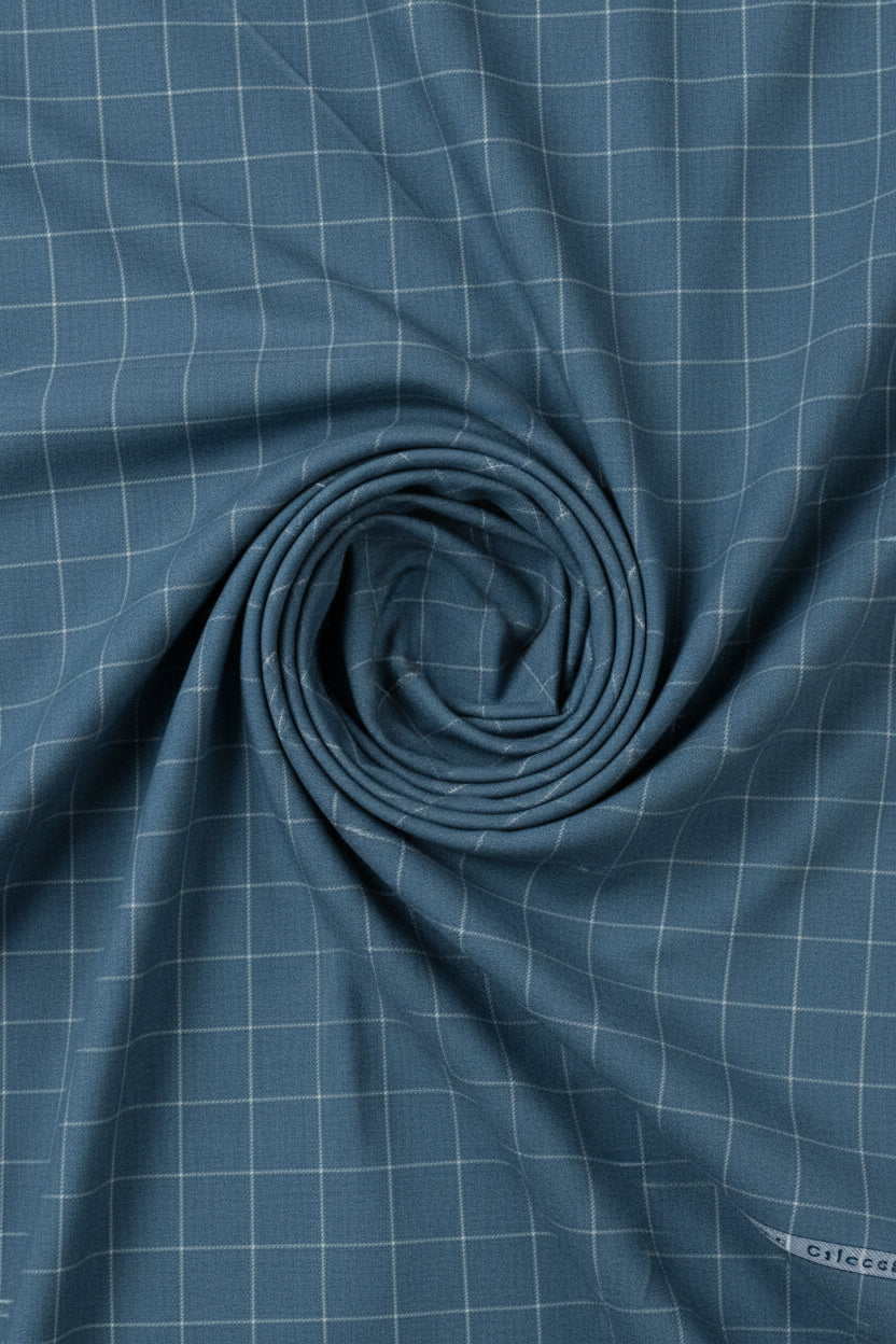 Steel blue Arvind Tresca shirt fabric with check pattern, premium cotton material for stylish and comfortable dress shirts.