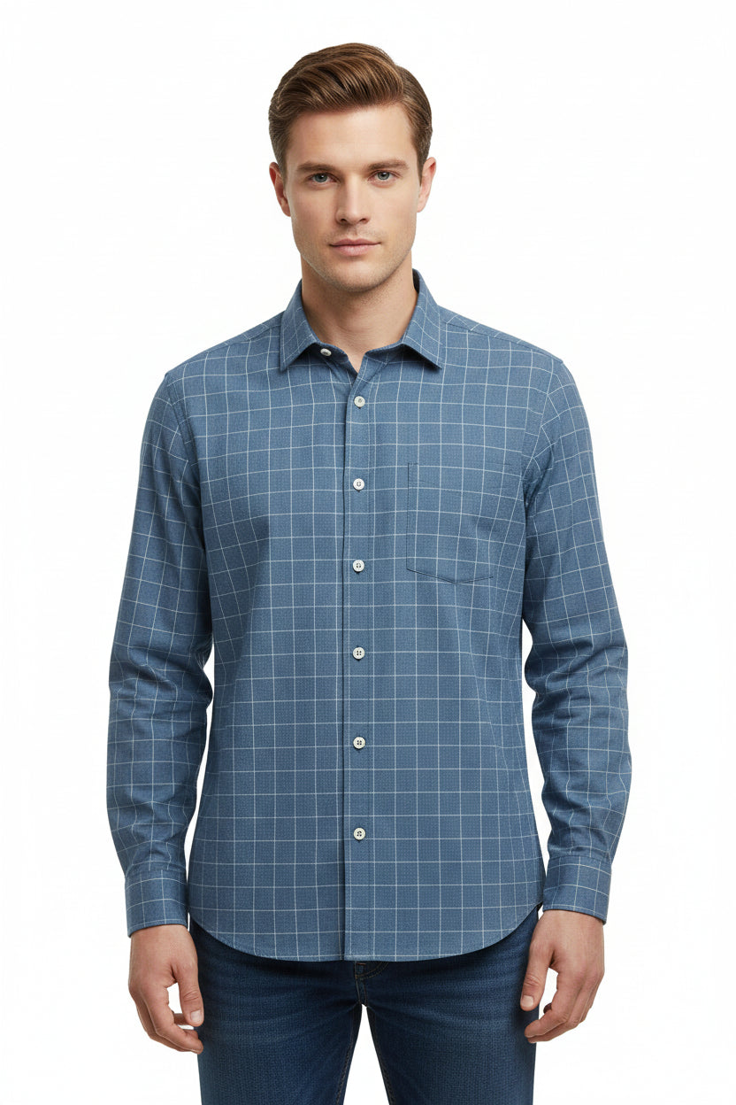 Steel blue Arvind Tresca shirt fabric with check pattern, premium cotton material, close-up of the textured textile.