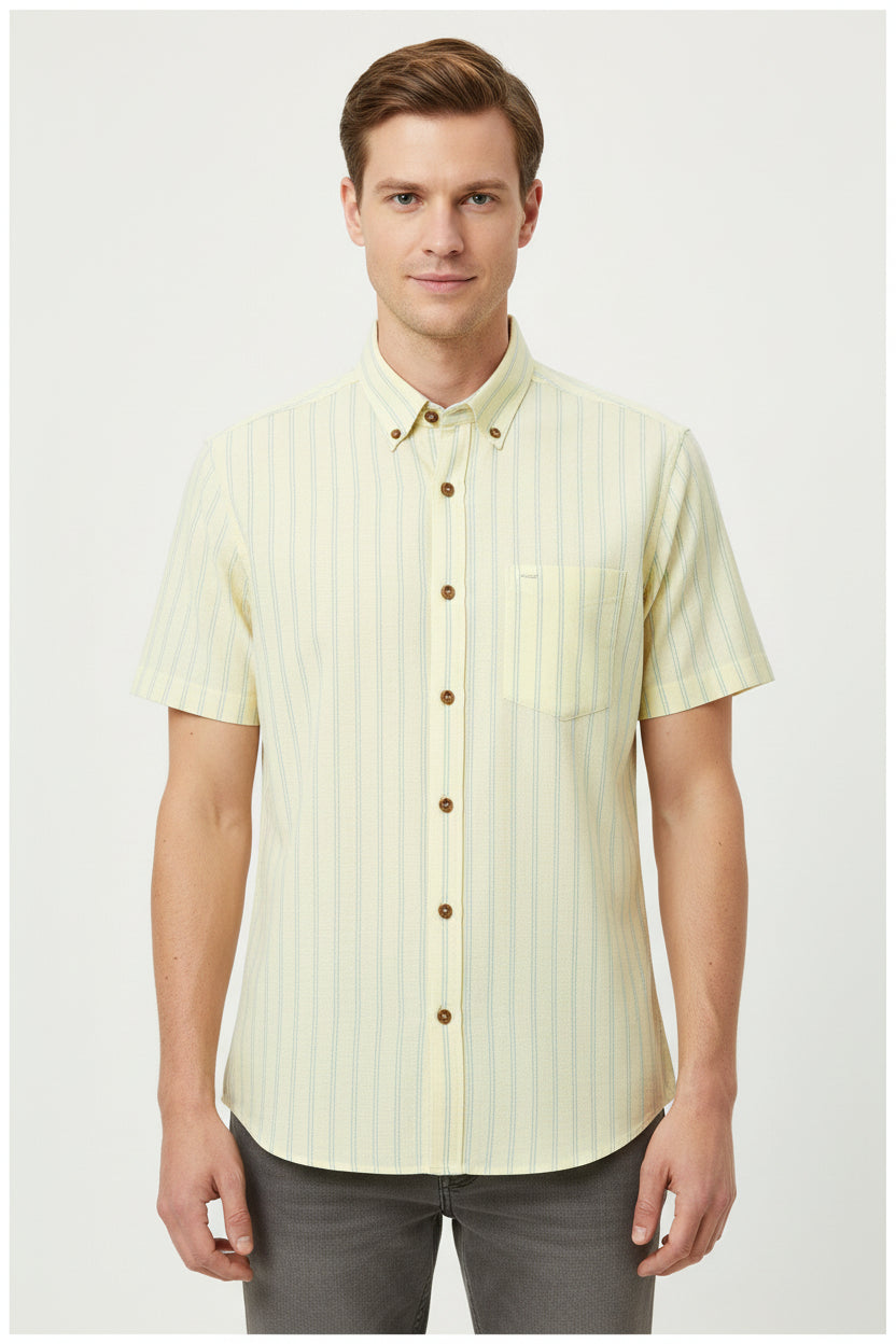 Pear green Arvind Tresca cotton striped shirting fabric, unstitched material with a smooth cotton texture and colorful stripe pattern.
