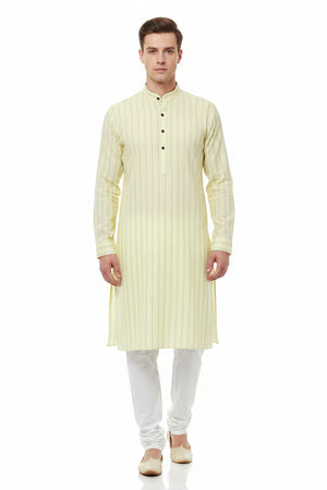 Arvind Tresca cotton striped shirting fabric in pear green, unstitched material with blue and white stripes for dressmaking.