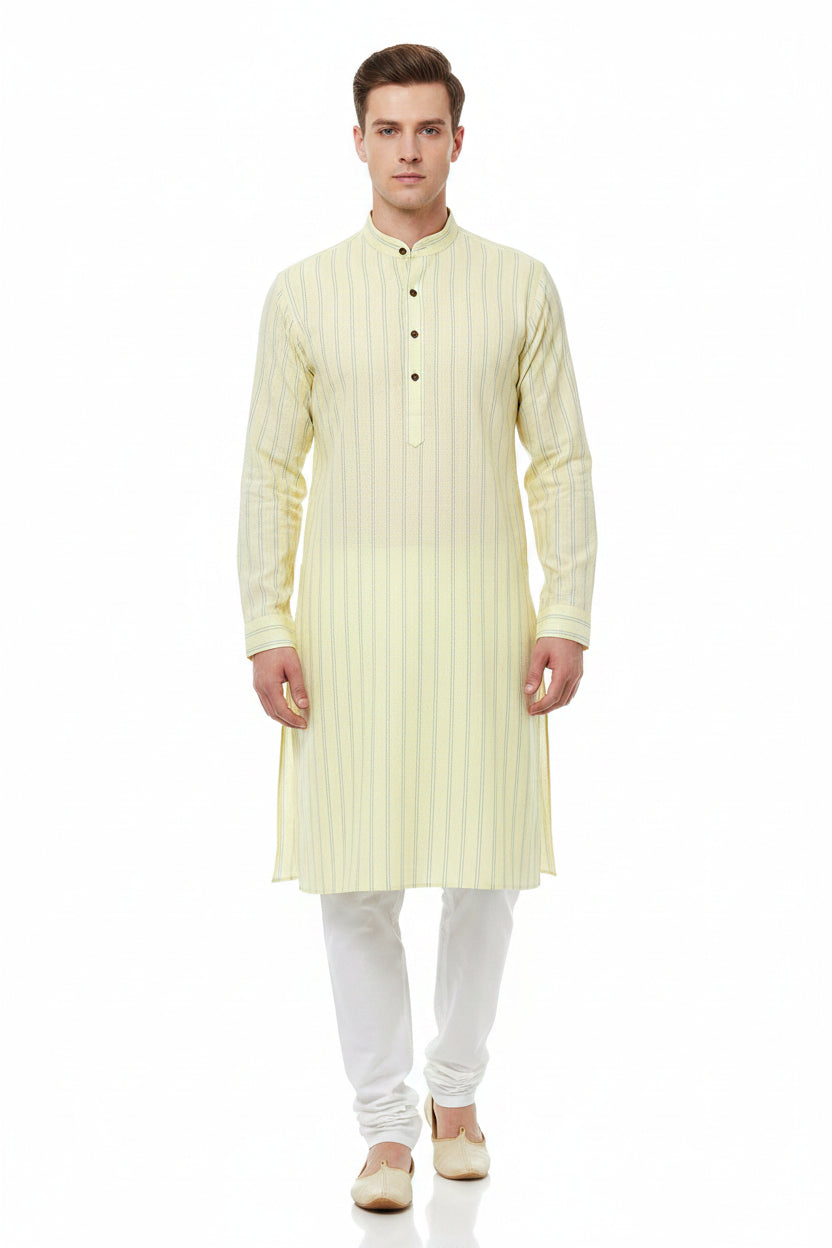 Arvind Tresca cotton striped shirting fabric in pear green, unstitched material with blue and white stripes for dressmaking.