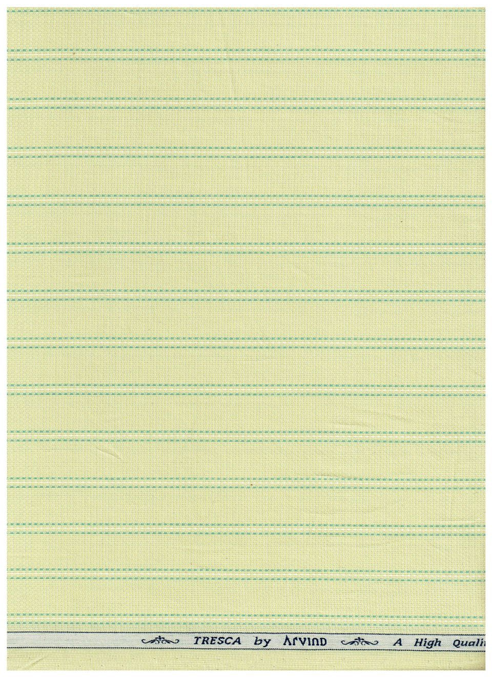 Pear green Arvind Tresca cotton shirt fabric with striped pattern, premium quality textile for shirt making.
