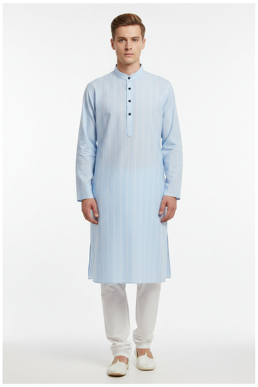 Arvind Tresca cotton striped shirting fabric in baby blue, unstitched fabric for shirts, featuring blue and white stripes.