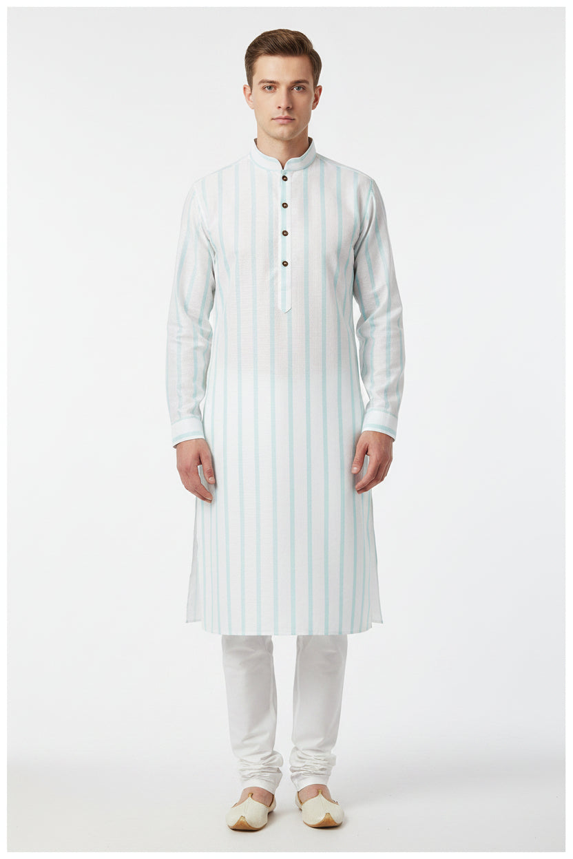 Arvind Tresca cotton striped shirting fabric in silver and turquoise blue, unstitched fabric for shirts and clothing.