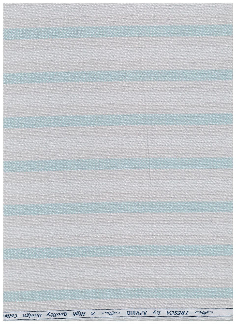 Arvind Tresca shirt fabric, premium cotton with silver and turquoise blue stripes, showcasing the striped textile design.