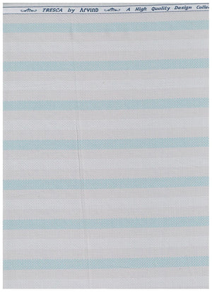 Arvind Tresca cotton striped shirting fabric in silver and turquoise blue, featuring a lightweight, unstitched design.